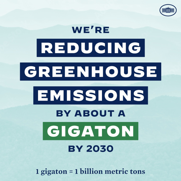 Plakat mit Text und Logo, das "Wir reduzieren die Treibhausgasemissionen um etwa eine Gigatonne bis 2030" besagt.