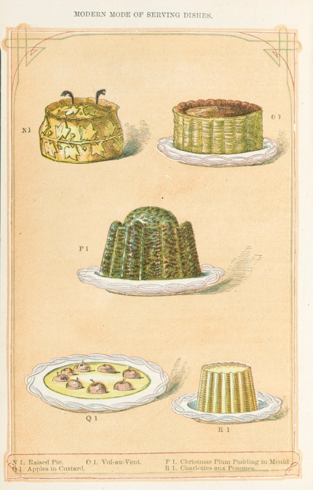 Buchumschlag mit Illustrationen verschiedener Desserts, einschließlich eines zentralen Kuchens, mit beschreibendem Text über Zutaten und Toppings.