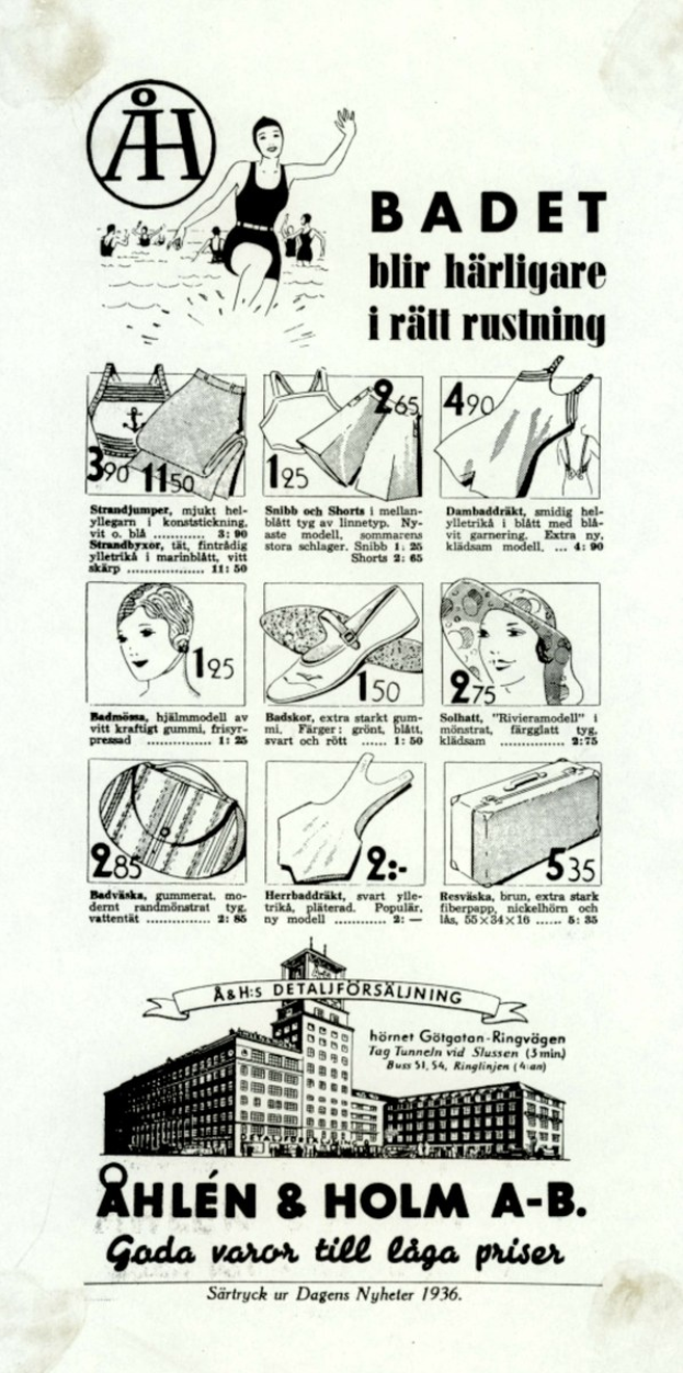 Frau in einem weißen Bikini mit blauen und weißen Streifen, mit einem Pferdeschwanz, direkt in die Kamera schauend in einer Werbung umgeben von Bildern von Menschen, Gebäuden und fetter Schrift.