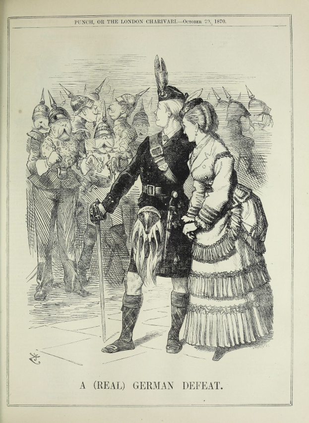 Zwei Personen stehen vor einer Menge, eine hält einen Stock in der Hand, auf einem Papier mit Details zur deutschen Niederlage.