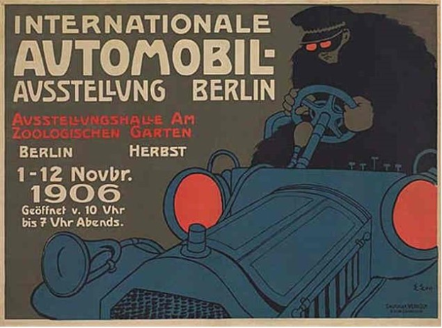 Plakat für eine internationale Automesse in Berlin mit einer Cartoon-Abbildung eines Fahrers in einem Auto und Text.