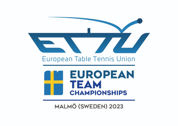 Das Logo der Europäischen Tischtennis-Union (ETTU) mit dem Text "Europäische Mannschaftsmeisterschaften" darunter, das eine blaue Kreisscheibe, einen weißen Tennis-Schläger und einen weißen und blauen Rand in einer fetten schwarzen Schriftart zeigt.