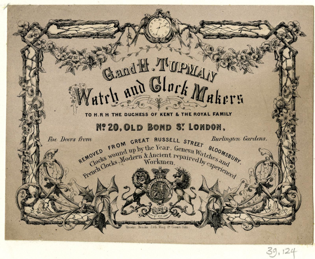 Anzeige für Grand H. Tupman Uhren- und Uhrmacherwerkstatt mit einer Uhr-Design und Text auf altem Papier.