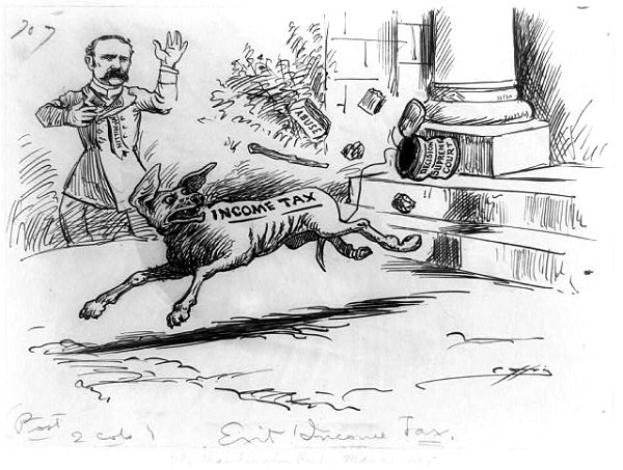 Cartoon-Illustration mit dem Titel "Die Hundesteuer", die einen Mann in einem Holzkäfig mit zwei Hunden davor zeigt, mit einem oberen Textrand.