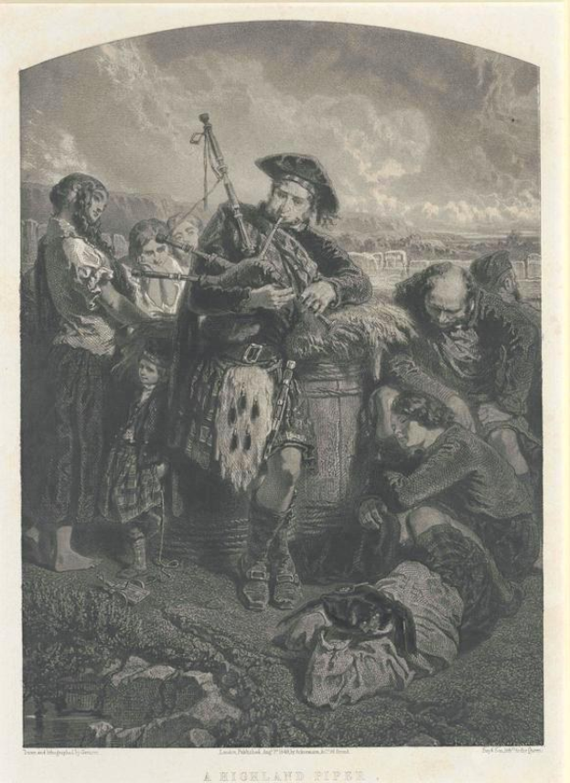Schwarze und weiße Gravur eines Mannes, der vor einer Gruppe von Menschen unter einem bewölkten Himmel eine Dudelsack spielt, mit dem Text "Ein Highland-Pfeifer" unten.