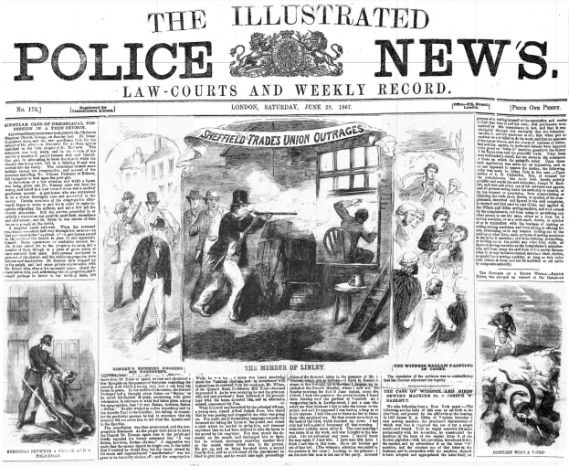 Schwarze und weiße Titelseite der Illustrirten Polizeinachrichten von 1867, die eine zentrale Illustration einer Gruppe von Menschen und die Überschrift "Polizeinachrichten" mit einem Logo oben zeigt.