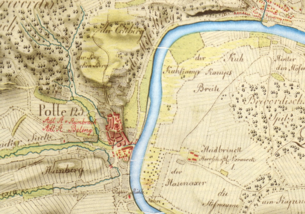 Detailierte alte Karte von Polle, Deutschland, zeigt Straßen, Gebäude und einen Fluss durch die Stadt.