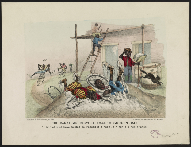 Plakat mit dem Titel "The Darktown Bicycle Race - A Sudden Halt", das eine chaotische Szene mit Radfahrern zeigt, die mitten im Rennen angehalten wurden, Zuschauer auf Leitern, ein Gebäude und verstreute Gegenstände.