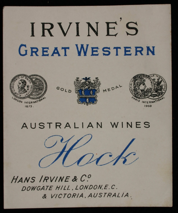 Plakat, das Irvines Great Western Australian Wines Hock bewirbt, mit dem Logo und Text, der die verschiedenen Weinsorten angibt.