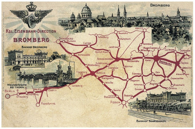 Ausführliche Stadtplan-Karte von Bromberg, Deutschland, mit Straßen, Sehenswürdigkeiten, Gebäuden, Bäumen, einer Brücke und beschreibendem Text über die Geschichte und Attraktionen der Stadt.