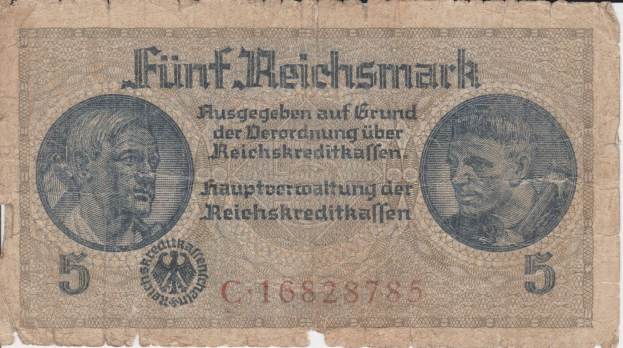 Alte deutsche 5 Reichsmark-Banknote mit Porträt eines Mannes