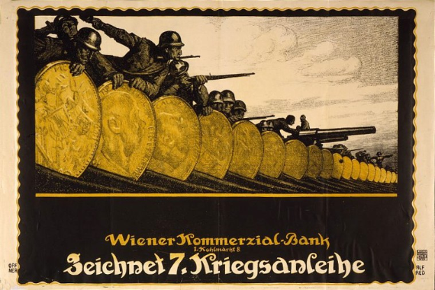 Deutsches Propagandaplakat aus dem Zweiten Weltkrieg, das Soldaten in Helmen mit Waffen zeigt und den Text 'Wiener Kommmerzial Bank' unten trägt.