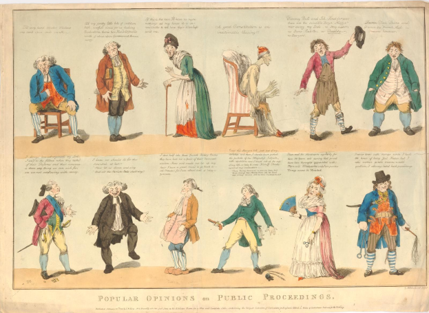 Papier mit abgedruckten Fotos von Menschen und handgeschriebenem Text, das öffentliche Meinungen zu Verfahren darstellt.