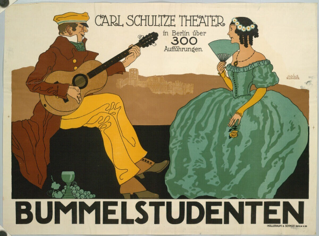 Plakat für ein Konzert im Carl-Schulze-Theater in Berlin mit einem Mann, der eine Gitarre spielt, und einer Frau, die ein Fächer hält.