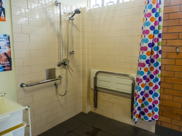 Ein barrierefreies Badezimmer mit einer Dusche, Handläufen, einem Vorhang, einer Wand mit Plakaten, einem Ständer mit einem Tablett und einem Fenster.