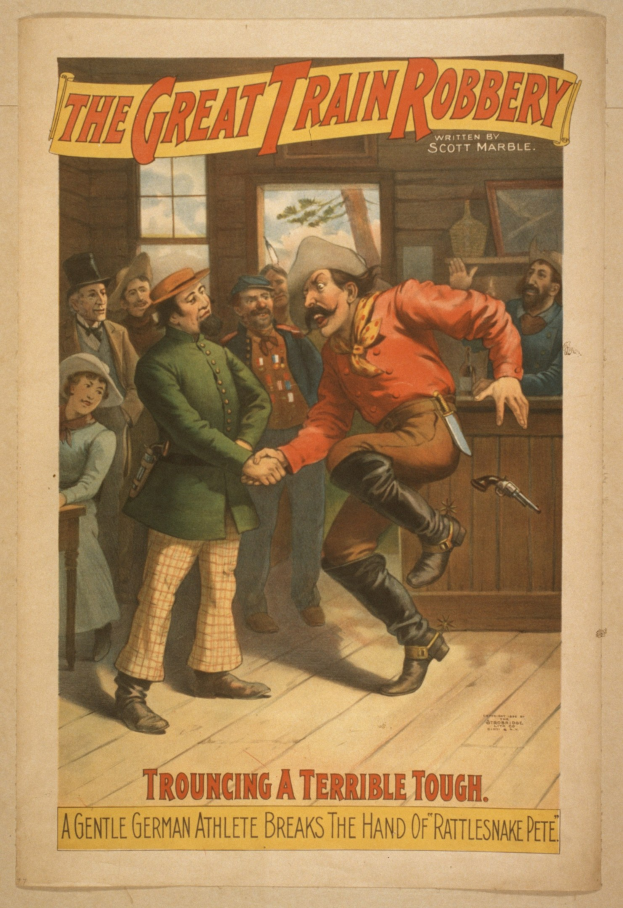 Plakat, das eine Gruppe von Menschen zeigt, von denen einer eine Waffe hält, ein Fenster und eine Wand im Hintergrund und den Text "Der große Zugüberfall - Trouching a Terrible Tough" oben und unten.